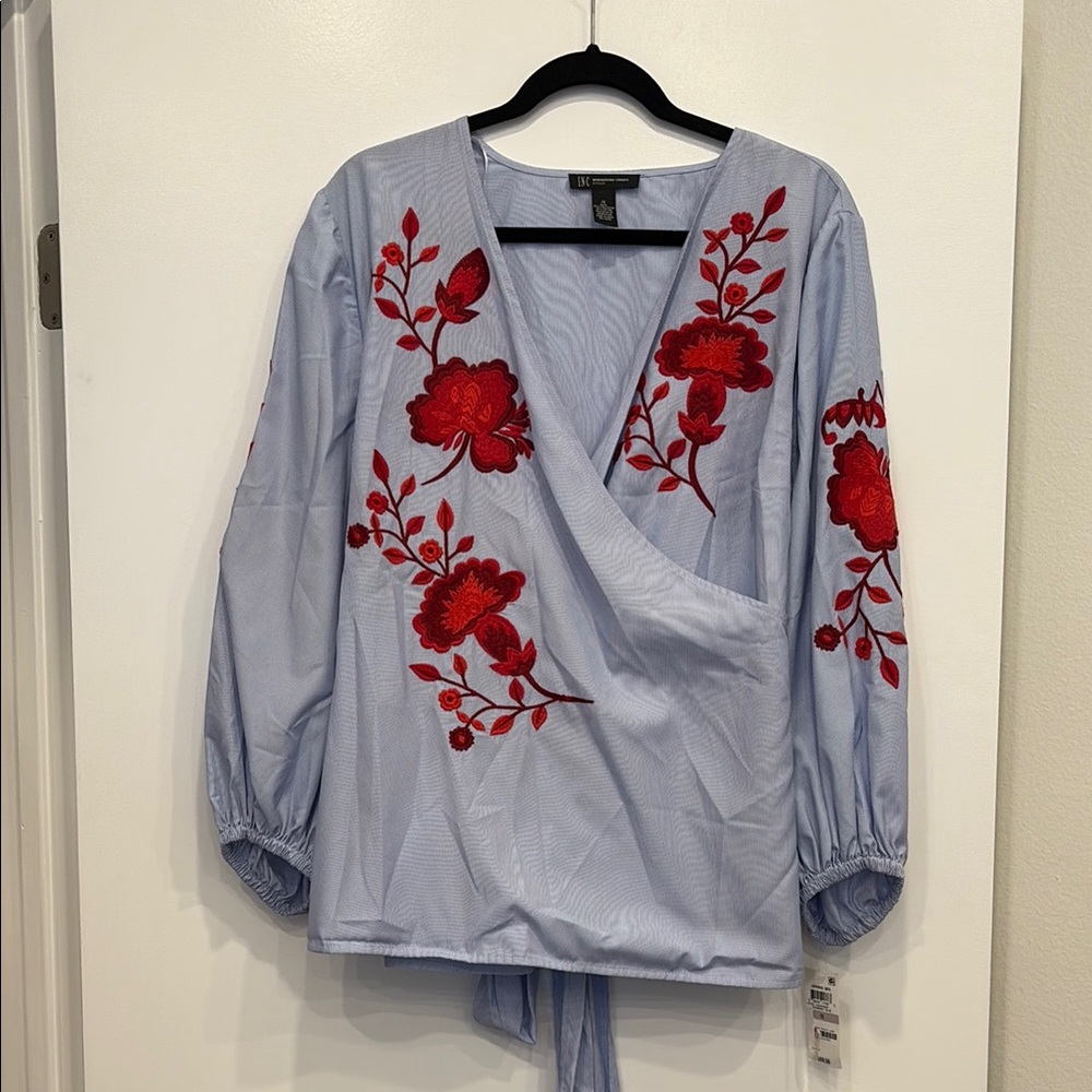 INC Blue and Red Embroidered Wrap Top - 1X - New with tags!